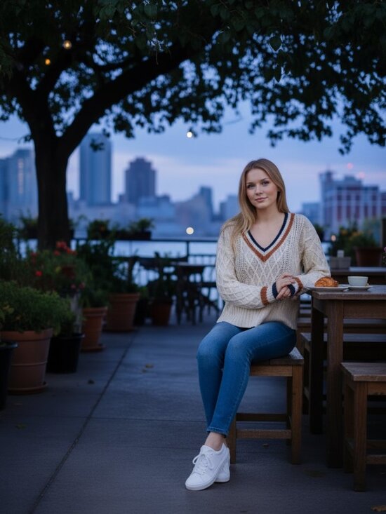 American Eagle Outfitters Sweaters - American Eagle Cable Knit Varsity V-Neck Sweater Cream and Copper Blue Accent XS